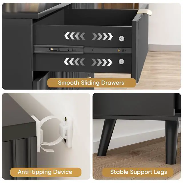 Alt view image 5 of 7 - 8 Drawer Dresser for Bedroom, Fluted Wooden Chest of Drawers for Children's Room, Nursery, Entrance, Black, 47.2"W x 15"D x 35.4"H