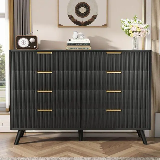 Alt view image 3 of 7 - 8 Drawer Dresser for Bedroom, Fluted Wooden Chest of Drawers for Children's Room, Nursery, Entrance, Black, 47.2"W x 15"D x 35.4"H