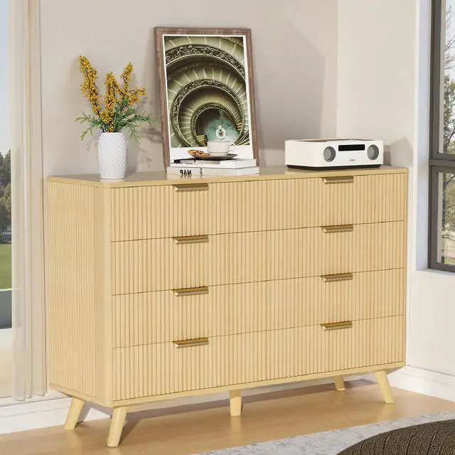Main image of 8 Drawer Dresser for Bedroom, Fluted Wooden Chest of Drawers for Children's Room, Nursery, Entrance, Natural, 47.2"W x 15"D x 35.4"H