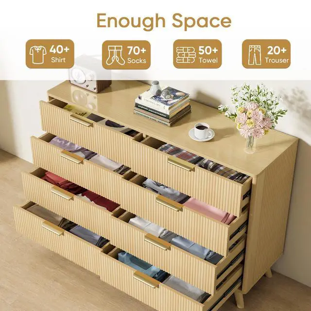 Alt view image 4 of 7 - 8 Drawer Dresser for Bedroom, Fluted Wooden Chest of Drawers for Children's Room, Nursery, Entrance, Natural, 47.2"W x 15"D x 35.4"H