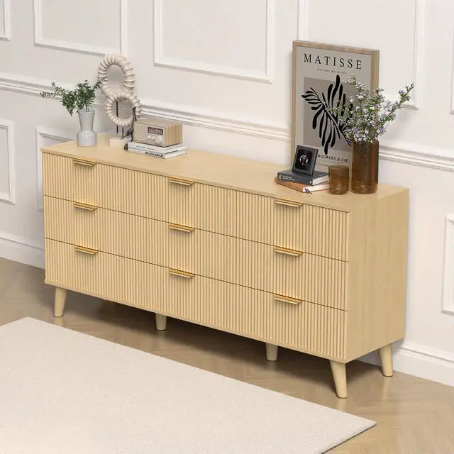 Alt view image 2 of 7 - 9 Drawer Dresser for Bedroom, Fluted Wooden Chest of Drawers for Children's Room, Nursery, Entrance, Natural, 63"W x 15.7"D x 29.5"H