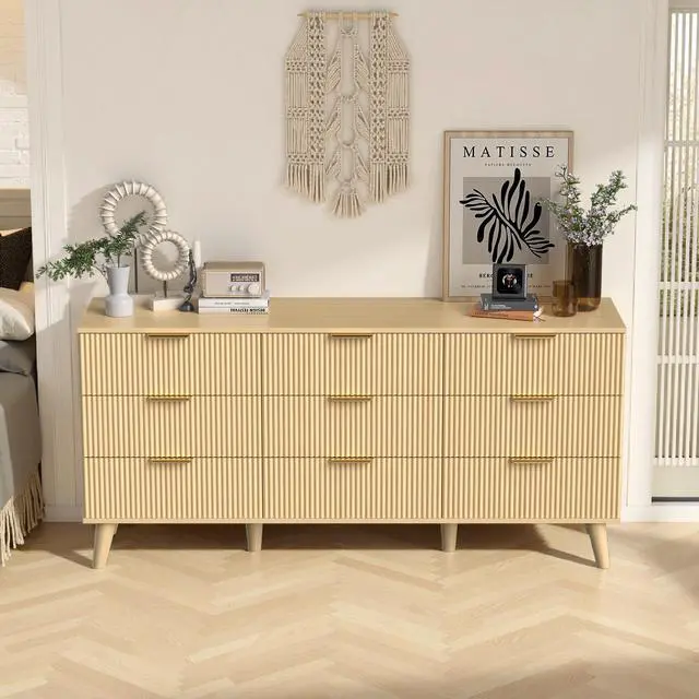 Alt view image 3 of 7 - 9 Drawer Dresser for Bedroom, Fluted Wooden Chest of Drawers for Children's Room, Nursery, Entrance, Natural, 63"W x 15.7"D x 29.5"H