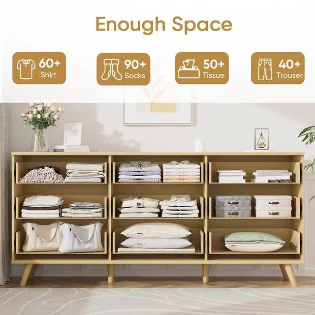 Alt view image 4 of 7 - 9 Drawer Dresser for Bedroom, Fluted Wooden Chest of Drawers for Children's Room, Nursery, Entrance, Natural, 63"W x 15.7"D x 29.5"H