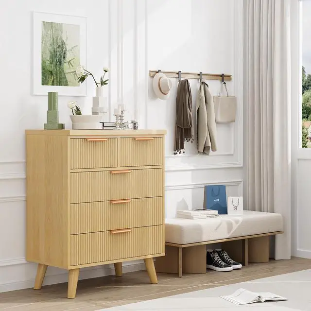 Alt view image 2 of 7 - 5 Drawer Dresser for Bedroom, Fluted Wooden Chest of Drawers for Children's Room, Nursery, Entrance, Natural, 26"W x 15"D x 33.5"H