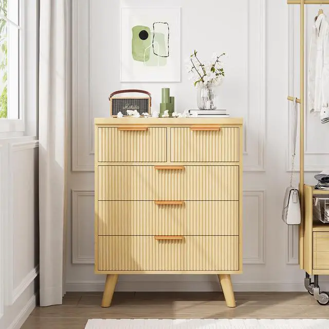 Alt view image 3 of 7 - 5 Drawer Dresser for Bedroom, Fluted Wooden Chest of Drawers for Children's Room, Nursery, Entrance, Natural, 26"W x 15"D x 33.5"H