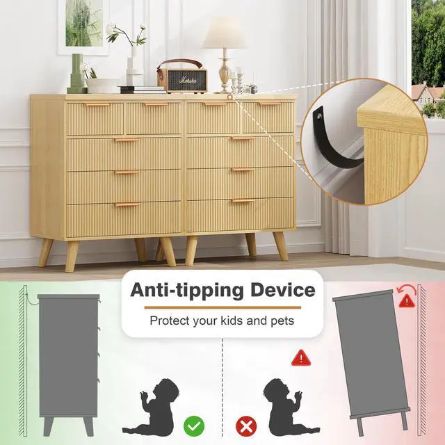 Alt view image 7 of 7 - 5 Drawer Dresser for Bedroom, Fluted Wooden Chest of Drawers for Children's Room, Nursery, Entrance, Natural, 26"W x 15"D x 33.5"H