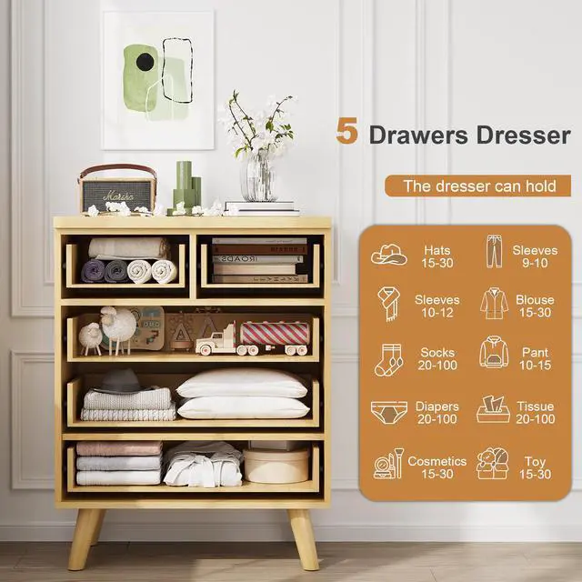 Alt view image 6 of 7 - 5 Drawer Dresser for Bedroom, Fluted Wooden Chest of Drawers for Children's Room, Nursery, Entrance, Natural, 26"W x 15"D x 33.5"H
