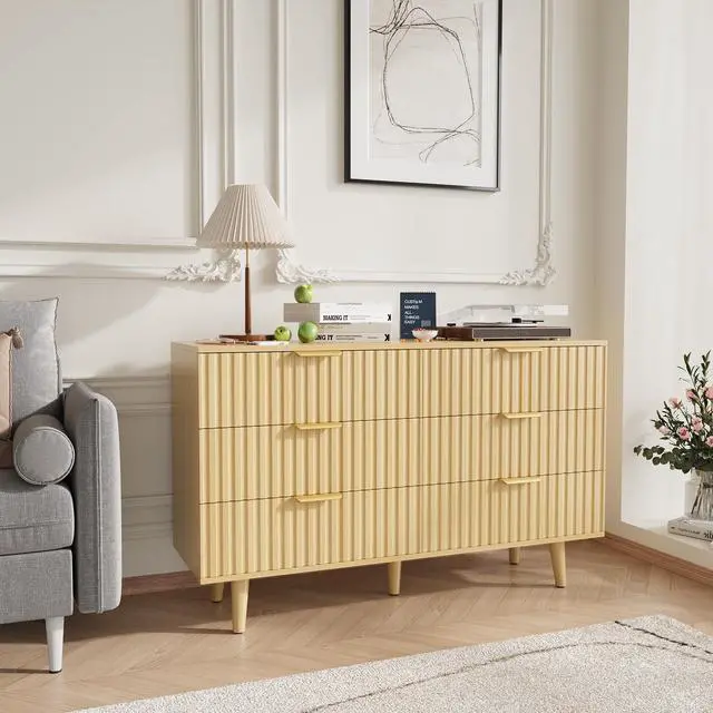 Alt view image 2 of 7 - 6 Drawer Dresser for Bedroom, Fluted Wooden Chest of Drawers for Children's Room, Nursery, Entrance, Natural, 47.24"W x 14.96"D x 33.06"H