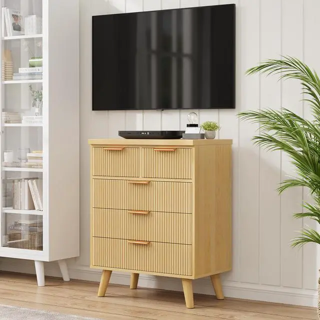 Alt view image 4 of 7 - 5 Drawer Dresser for Bedroom, Fluted Wooden Chest of Drawers for Children's Room, Nursery, Entrance, Natural, 26"W x 15"D x 33.5"H
