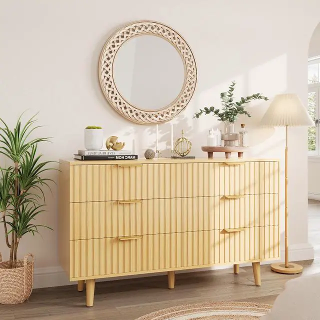Main image of 6 Drawer Dresser for Bedroom, Fluted Wooden Chest of Drawers for Children's Room, Nursery, Entrance, Natural, 47.24"W x 14.96"D x 33.06"H