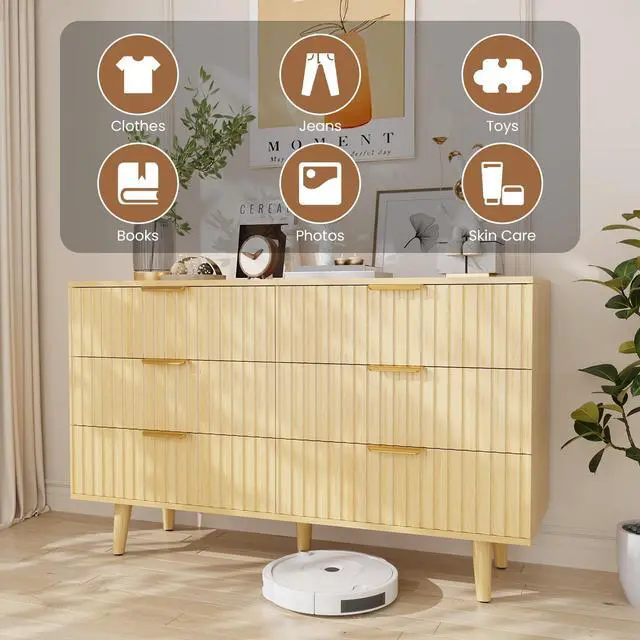 Alt view image 4 of 7 - 6 Drawer Dresser for Bedroom, Fluted Wooden Chest of Drawers for Children's Room, Nursery, Entrance, Natural, 47.24"W x 14.96"D x 33.06"H