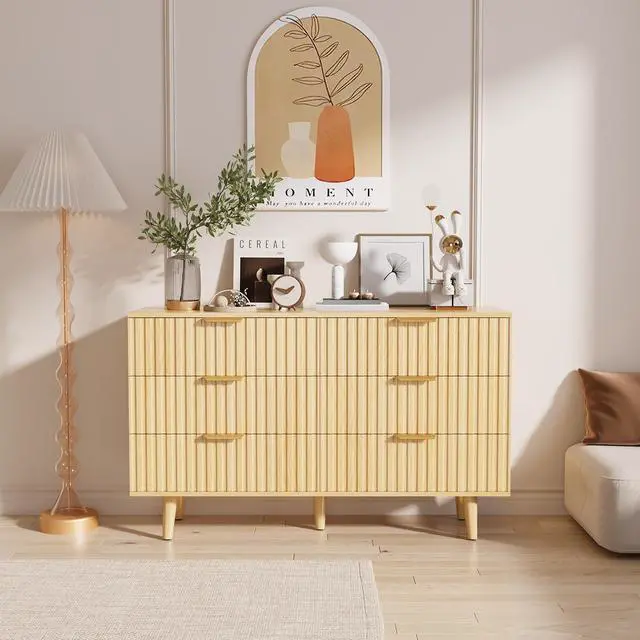 Alt view image 3 of 7 - 6 Drawer Dresser for Bedroom, Fluted Wooden Chest of Drawers for Children's Room, Nursery, Entrance, Natural, 47.24"W x 14.96"D x 33.06"H