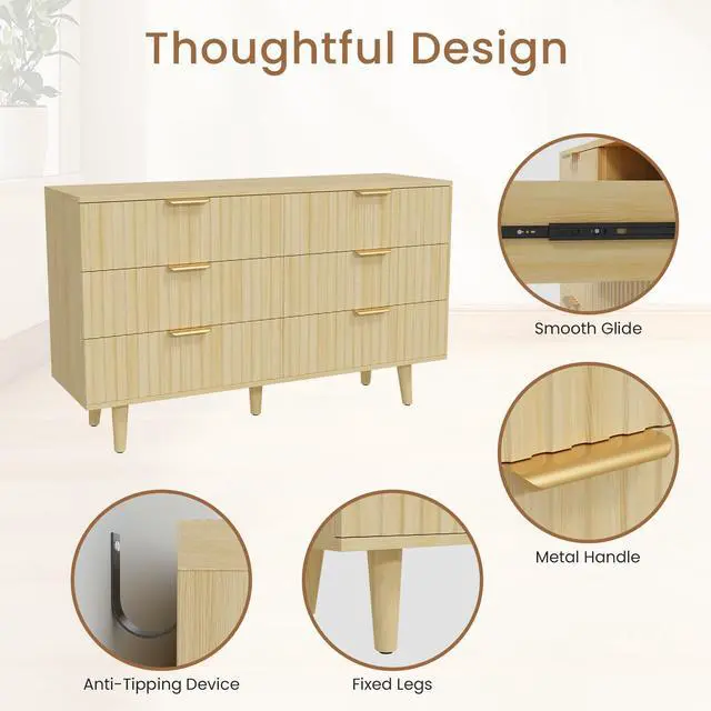 Alt view image 6 of 7 - 6 Drawer Dresser for Bedroom, Fluted Wooden Chest of Drawers for Children's Room, Nursery, Entrance, Natural, 47.24"W x 14.96"D x 33.06"H