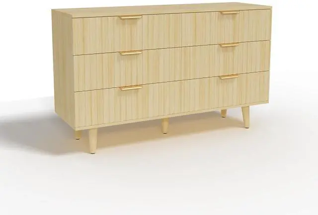 Alt view image 7 of 7 - 6 Drawer Dresser for Bedroom, Fluted Wooden Chest of Drawers for Children's Room, Nursery, Entrance, Natural, 47.24"W x 14.96"D x 33.06"H