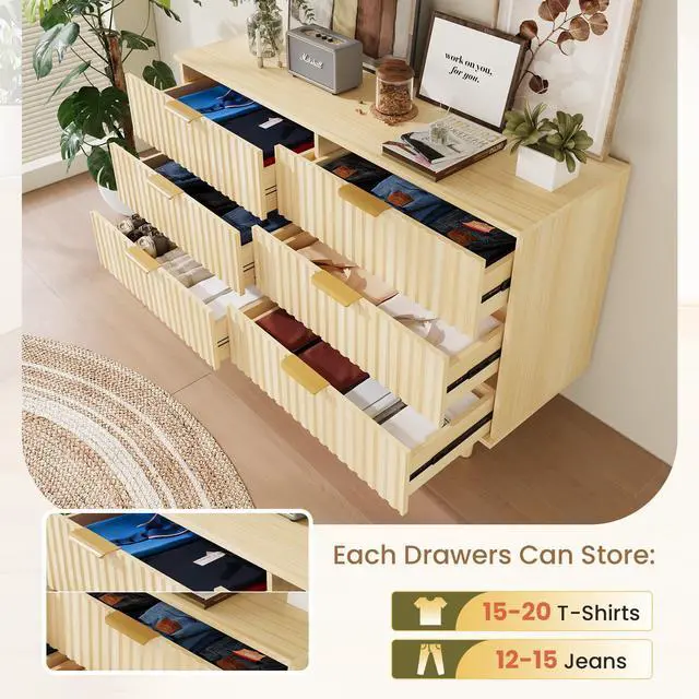 Alt view image 5 of 7 - 6 Drawer Dresser for Bedroom, Fluted Wooden Chest of Drawers for Children's Room, Nursery, Entrance, Natural, 47.24"W x 14.96"D x 33.06"H