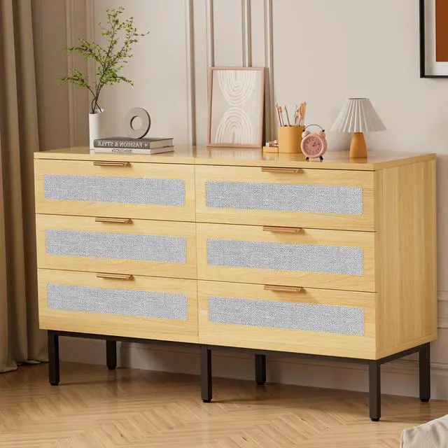 Main image of 6 Drawer Dresser for Bedroom, Wooden Chest of 6 Drawers with Linen Fabric, Oak