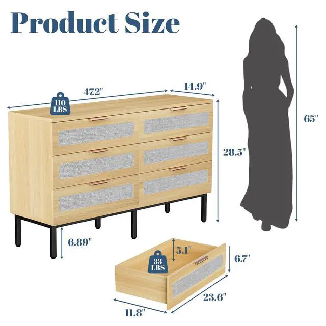 Alt view image 2 of 7 - 6 Drawer Dresser for Bedroom, Wooden Chest of 6 Drawers with Linen Fabric, Oak