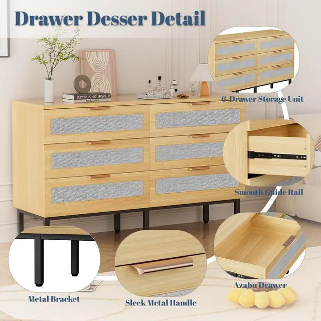 Alt view image 4 of 7 - 6 Drawer Dresser for Bedroom, Wooden Chest of 6 Drawers with Linen Fabric, Oak