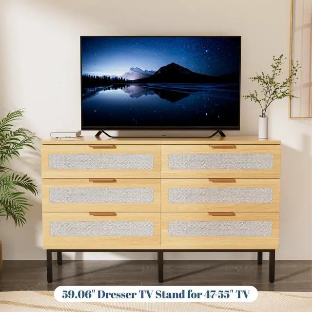 Alt view image 5 of 7 - 6 Drawer Dresser for Bedroom, Wooden Chest of 6 Drawers with Linen Fabric, Oak