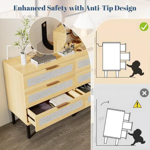 Alt view image 7 of 7 - 6 Drawer Dresser for Bedroom, Wooden Chest of 6 Drawers with Linen Fabric, Oak