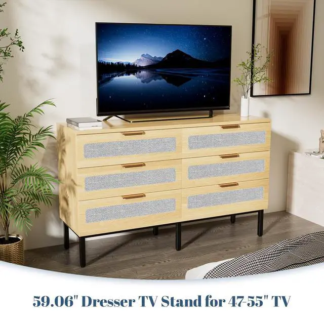 Alt view image 6 of 7 - 6 Drawer Dresser for Bedroom, Wooden Chest of 6 Drawers with Linen Fabric, Oak