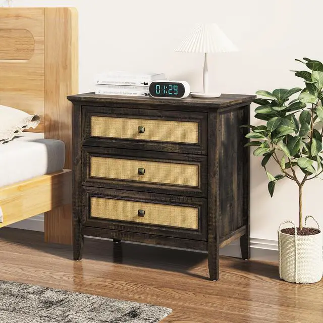 Main image of 3 Drawer Dresser Rattan Dresser Wood Chest of Drawers Farmhouse Closet Dressers Modern Bedside Table Rustic Nightstand Storage Cabinet for Bedroom, Hallway, Living Room, Dark Rustic Oak
