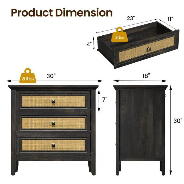 Alt view image 2 of 7 - 3 Drawer Dresser Rattan Dresser Wood Chest of Drawers Farmhouse Closet Dressers Modern Bedside Table Rustic Nightstand Storage Cabinet for Bedroom, Hallway, Living Room, Dark Rustic Oak