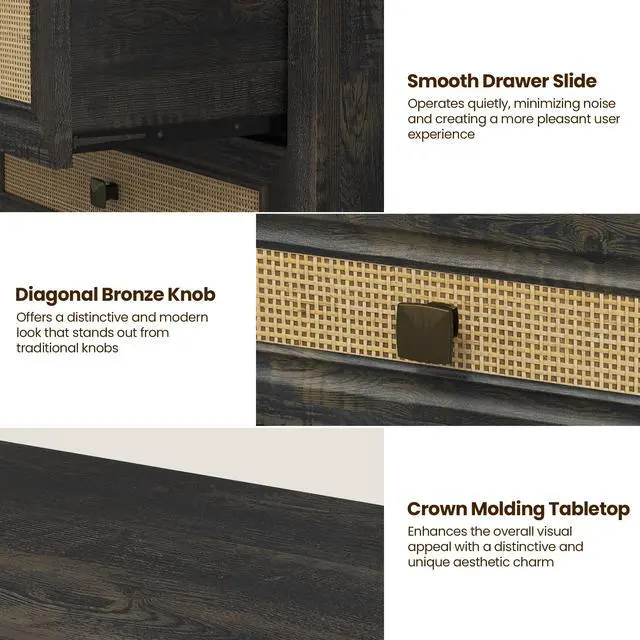 Alt view image 6 of 7 - 3 Drawer Dresser Rattan Dresser Wood Chest of Drawers Farmhouse Closet Dressers Modern Bedside Table Rustic Nightstand Storage Cabinet for Bedroom, Hallway, Living Room, Dark Rustic Oak
