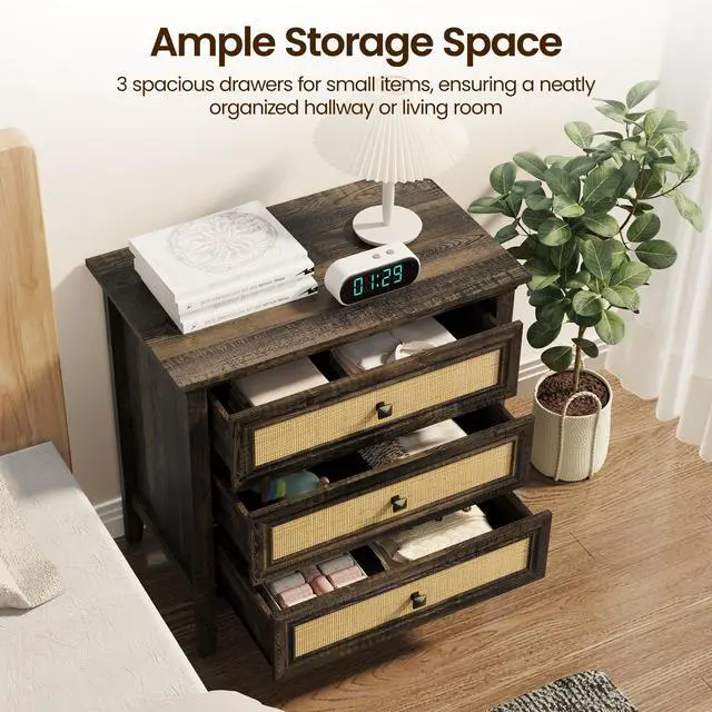 Alt view image 4 of 7 - 3 Drawer Dresser Rattan Dresser Wood Chest of Drawers Farmhouse Closet Dressers Modern Bedside Table Rustic Nightstand Storage Cabinet for Bedroom, Hallway, Living Room, Dark Rustic Oak