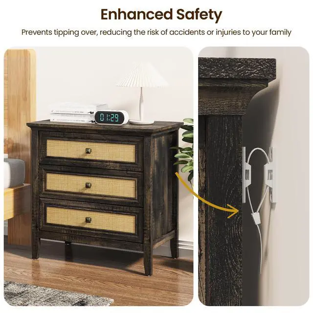 Alt view image 7 of 7 - 3 Drawer Dresser Rattan Dresser Wood Chest of Drawers Farmhouse Closet Dressers Modern Bedside Table Rustic Nightstand Storage Cabinet for Bedroom, Hallway, Living Room, Dark Rustic Oak