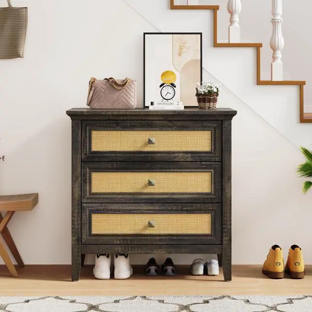 Alt view image 3 of 7 - 3 Drawer Dresser Rattan Dresser Wood Chest of Drawers Farmhouse Closet Dressers Modern Bedside Table Rustic Nightstand Storage Cabinet for Bedroom, Hallway, Living Room, Dark Rustic Oak