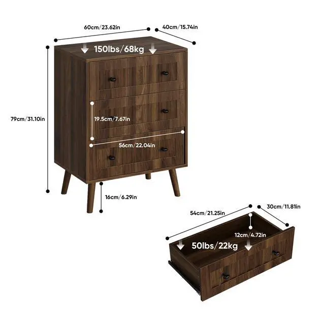 Alt view image 3 of 7 - 3 drawer dresser, modern wardrobe dresser chest of drawers, wooden storage storage cabinet, dresser storage cabinet, suitable for living room, bedroom, corridor (walnut )