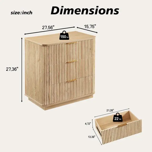 Alt view image 4 of 5 - 3 Drawers Drasser, 27.6'' Wide Modern Chest Of Drawers Curved Wave Design,Nightstand,Wood Drawer Organizer For Bedroom, Living Room, Hallway, Oak,27.6''W X 15.8''D X 27.4''H.