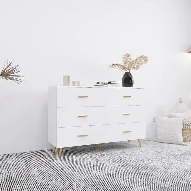 Alt view image 3 of 7 - High Glossy Surface 6 Drawers Chest of Drawer with Golden Handle and Golden Steel Legs White Color Vanity