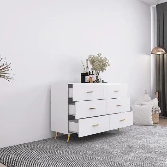 Alt view image 2 of 7 - High Glossy Surface 6 Drawers Chest of Drawer with Golden Handle and Golden Steel Legs White Color Vanity