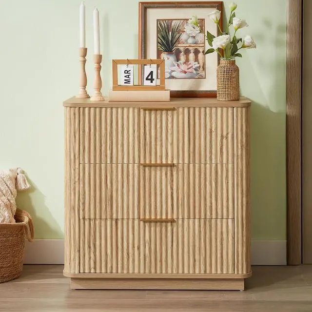Alt view image 2 of 5 - 3 Drawers Drasser, 27.6'' Wide Modern Chest Of Drawers Curved Wave Design,Nightstand,Wood Drawer Organizer For Bedroom, Living Room, Hallway, Oak,27.6''W X 15.8''D X 27.4''H.