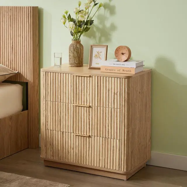 Alt view image 3 of 5 - 3 Drawers Drasser, 27.6'' Wide Modern Chest Of Drawers Curved Wave Design,Nightstand,Wood Drawer Organizer For Bedroom, Living Room, Hallway, Oak,27.6''W X 15.8''D X 27.4''H.