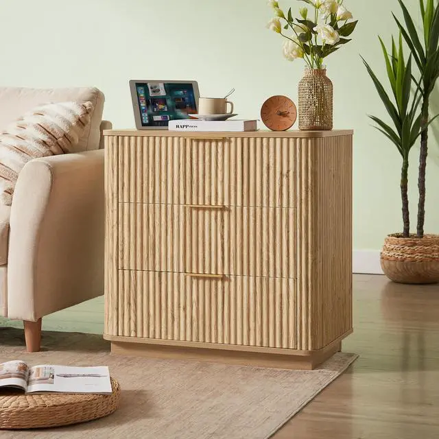 Main image of 3 Drawers Drasser, 27.6'' Wide Modern Chest Of Drawers Curved Wave Design,Nightstand,Wood Drawer Organizer For Bedroom, Living Room, Hallway, Oak,27.6''W X 15.8''D X 27.4''H.