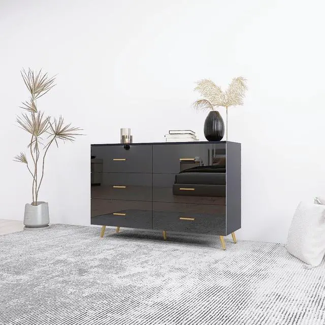 Alt view image 3 of 7 - High Glossy Surface 6 Drawers Chest of Drawer with Golden Handle and Golden Steel Legs Black Color Vanity