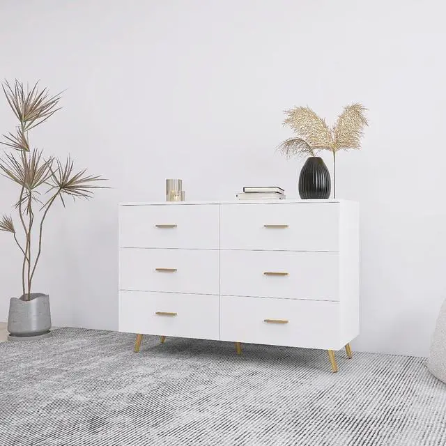 Alt view image 4 of 7 - High Glossy Surface 6 Drawers Chest of Drawer with Golden Handle and Golden Steel Legs White Color Vanity