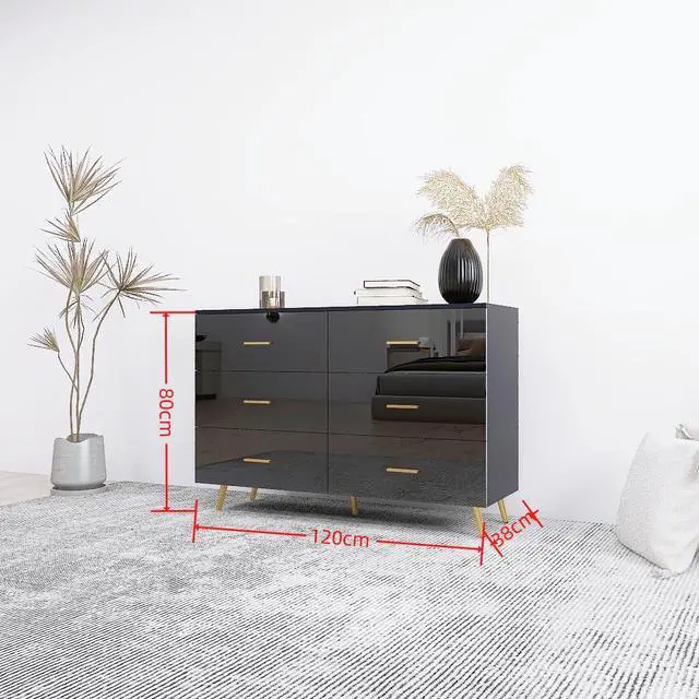 Alt view image 5 of 7 - High Glossy Surface 6 Drawers Chest of Drawer with Golden Handle and Golden Steel Legs Black Color Vanity