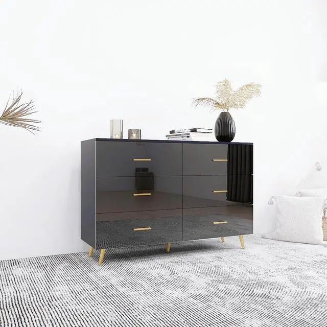 Alt view image 4 of 7 - High Glossy Surface 6 Drawers Chest of Drawer with Golden Handle and Golden Steel Legs Black Color Vanity