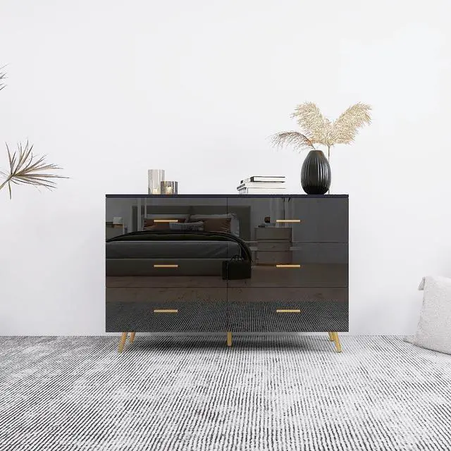 Main image of High Glossy Surface 6 Drawers Chest of Drawer with Golden Handle and Golden Steel Legs Black Color Vanity