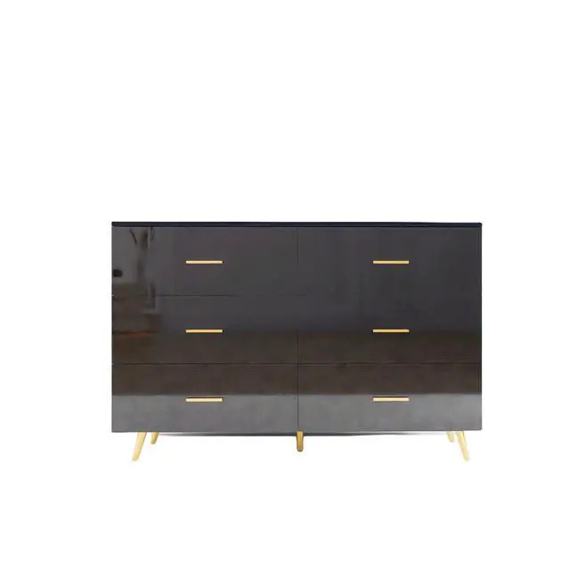 Alt view image 6 of 7 - High Glossy Surface 6 Drawers Chest of Drawer with Golden Handle and Golden Steel Legs Black Color Vanity