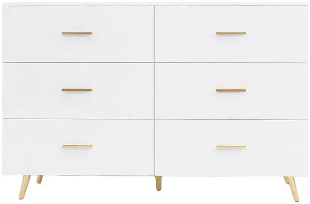 Alt view image 7 of 7 - High Glossy Surface 6 Drawers Chest of Drawer with Golden Handle and Golden Steel Legs White Color Vanity