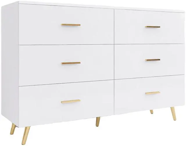 Alt view image 6 of 7 - High Glossy Surface 6 Drawers Chest of Drawer with Golden Handle and Golden Steel Legs White Color Vanity