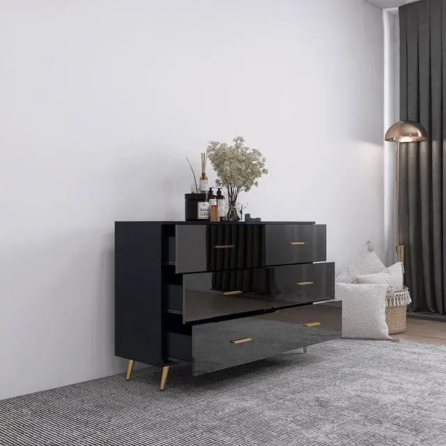 Alt view image 2 of 7 - High Glossy Surface 6 Drawers Chest of Drawer with Golden Handle and Golden Steel Legs Black Color Vanity
