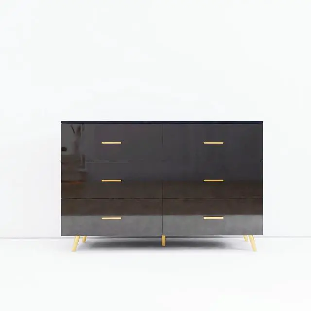 Alt view image 7 of 7 - High Glossy Surface 6 Drawers Chest of Drawer with Golden Handle and Golden Steel Legs Black Color Vanity
