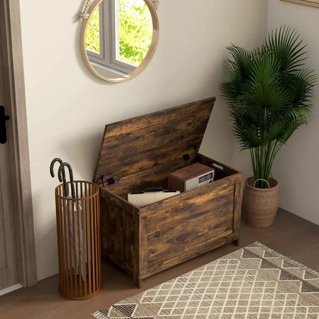 Alt view image 2 of 7 - 29.9" Storage Chest w/ 2 Safety Hinges, Wooden Box, Rustic Brown