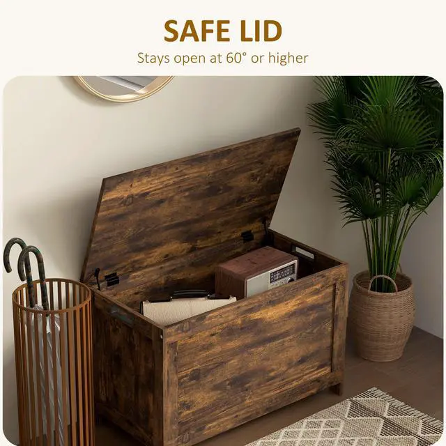 Alt view image 4 of 7 - 29.9" Storage Chest w/ 2 Safety Hinges, Wooden Box, Rustic Brown